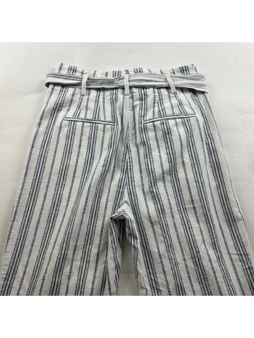 Madewell White Blue Stripe Linen High Rise Belted Ankle Pant 6 - Picture 7 of 7